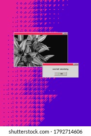 Computer desktop windows glitch elements and vintage OS frame with black and white tropical plant, digital dither illustration background neon mono color design