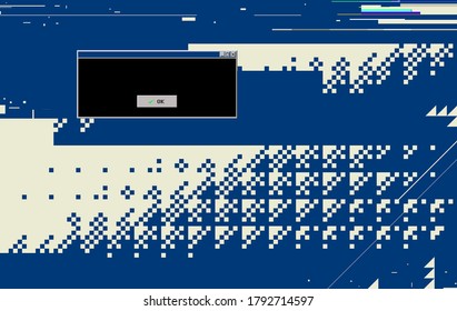 Computer desktop windows glitch and error, digital dither illustration background with blank vintage OS box frame, mono color design