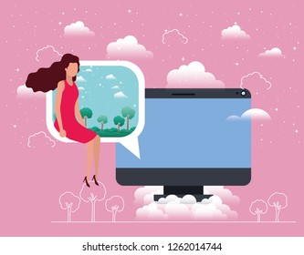 computer desktop with woman in speech bubble
