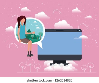 computer desktop with woman in speech bubble