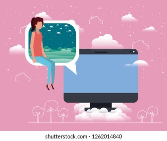 computer desktop with woman in speech bubble