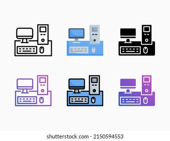 Computer Desktop Workspace icon set with line, outline, flat, filled, glyph, color, gradient. Editable stroke and pixel perfect. Can be used for digital product, presentation, print design and more.
