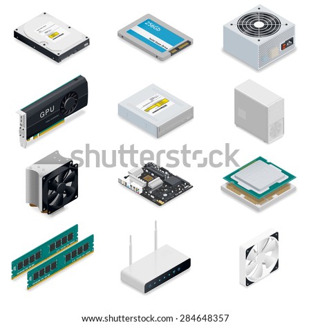 Computer detailed isometric parts vector graphic illustration