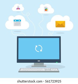 Computer device is accessing to cloud services, isolated on light blue background.