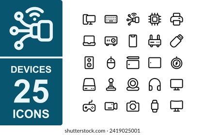 icono de colección de dispositivos de equipo.estilo de línea. contiene dispositivo, hardware, fibra óptica, CPU, chipset, tecnología de la información, impresora, portátil, proyector, teléfono móvil. excelente para aplicaciones web y gráficas.