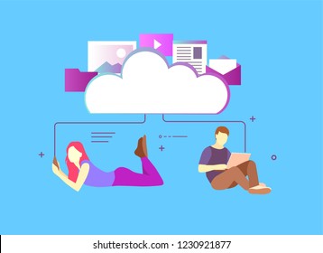Computer device data cloud storage security flat design vector illustration. Young people use cloud storage. Easy to use and highly customizable