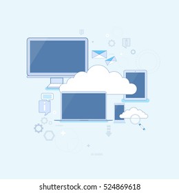Computer Device Data Cloud Storage Security Thin Line Vector Illustration