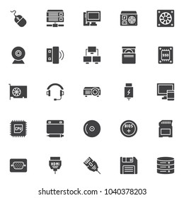 Computer device elements vector icons set, modern solid symbol collection, filled style pictogram pack. Signs, logo illustration. Set includes icons as Database server, Webcam, Wireless usb stick, SSD
