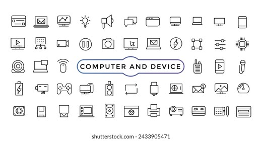 Computer and Device icon. gadgets Related Vector Line Icons. Mobile, Tablet, Desktop, watch, gamepad and camera Outline icon collection.