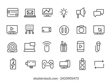 Computer and Device icon. gadgets Related Vector Line Icons. Mobile, Tablet, Desktop, watch, gamepad and camera Outline icon collection.