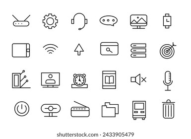 Computer and Device icon. gadgets Related Vector Line Icons. Mobile, Tablet, Desktop, watch, gamepad and camera Outline icon collection.