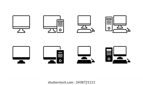 Computer device icon set. Containing PC, monitor, CPU, keyboard, mouse, desktop. Vector illustration