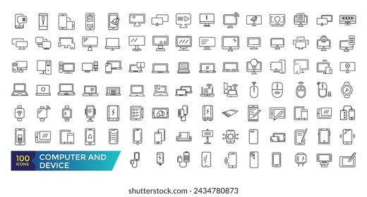 Computer and Device icon set. Devices flat line icons set. Pc, laptop, computer, smartphone, desktop, office copy machine vector illustrations.