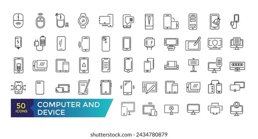 Computer and Device icon set. Devices flat line icons set. Pc, laptop, computer, smartphone, desktop, office copy machine vector illustrations.