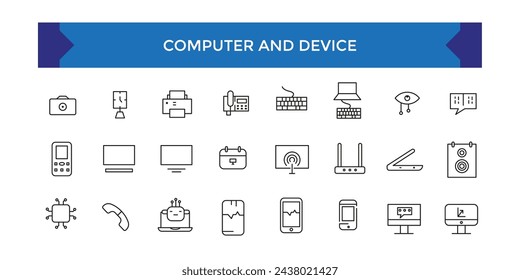Computer and Device icon set. Electronic devices thin line icons. Outline symbol collection.