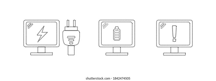 Iconos del equipo con líneas punteadas, carga del equipo, alimentación completa y advertencia de batería baja. ilustración de icono vectorial
