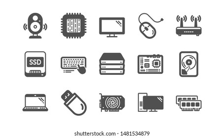 Computer device icons. Motherboard, CPU and Laptop. SSD memory classic icon set. Quality set. Vector