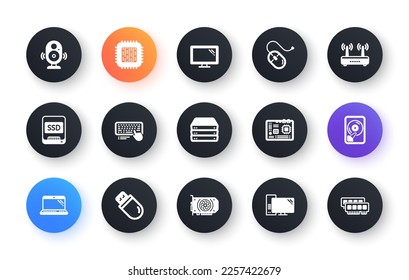 Computer device icons. Motherboard, CPU and Laptop. SSD memory classic icon set. Circle web buttons. Vector