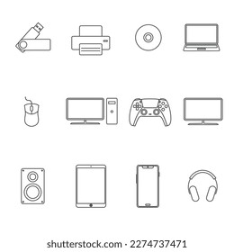 Iconos del dispositivo de equipo configurados en fondo blanco. Símbolo de signo de hardware de computación. Concepto objeto web, servicio, oficina y comunicación. Icono de línea, contorno y delgado lineal. Ilustración vectorial.