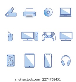 Computer Device icons set on white background. Computing hardware sign symbol. Concept object web, service, office and communication. Solid, Line, outline and linear thin icon. Vector Illustration