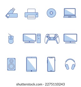 Computer Device icons set on white background. Computing hardware sign symbol. Concept object web, service, office and communication. Solid, Line, outline and linear thin icon. Vector Illustration