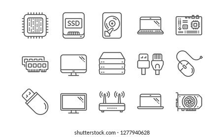 Computer device line icons. Motherboard, CPU and Laptop. SSD memory linear icon set.  Vector