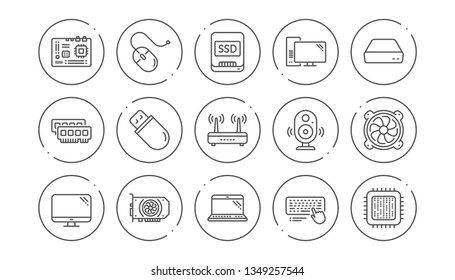 Computer device line icons. Motherboard, CPU and Laptop. SSD memory linear icon set. Line buttons with icon. Editable stroke. Vector