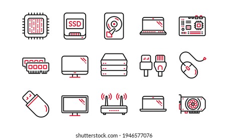 Computer device line icons. Motherboard, CPU and Laptop. SSD memory linear icon set. Linear set. Quality line set. Vector