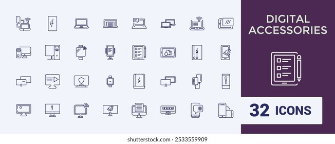 Conjunto de ícones de linha de computador e dispositivo. Incluindo laptop, tablet, smartphone, impressora, mouse, teclado e muito mais. Coleção de ícones de vetor de linha fina. Traçado editável. Pixel perfeito.