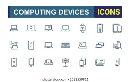 Computer and device line icons set. Including laptop, tablet, smartphone, printer, mouse, keyboard and more. Thin line vector icons collection. Editable stroke. Pixel perfect.