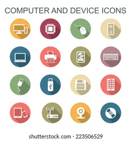 computer and device long shadow icons, flat vector symbols