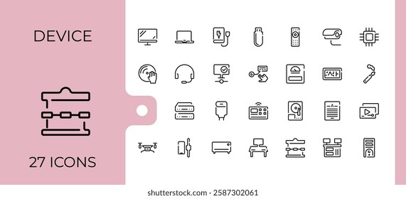 Computer And Device minimal icon set. Containing office, game, technology, business, work and more. Icon design. Editable stroke. Vector illustration.