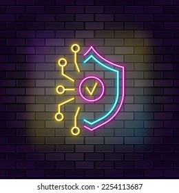 Computer, device, protect neon vector icon on dark wall background. Neon Computer, device, protect vector icon