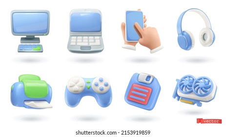 Computer devices 3d render vector icon set. Computer, laptop, smartphone, headphones, printer, game console, floppy disk, video card - Shutterstock ID 2153919859