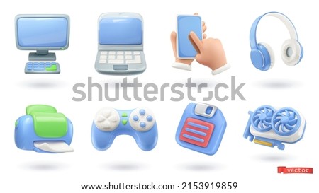 Computer devices 3d render vector icon set. Computer, laptop, smartphone, headphones, printer, game console, floppy disk, video card