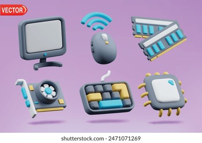 Computer devices 3d vector icon set. Monitor, Mouse, Rams, Graphic Card, Keyboard and Processer Vector illustration