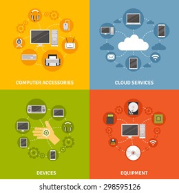 Computer devices accessories and equipment and cloud service scheme  flat icon set isolated vector illustration