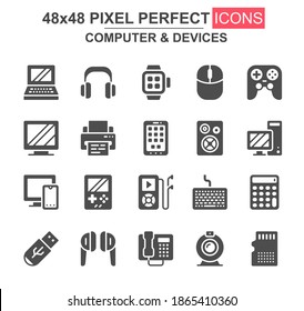 Computer and devices glyph icon set. Laptop, gamepad, printer, smartwatch, mp3 player, USB drive, memory card unique icons. Flat vector bundle for UI UX design. 48x48 pixel perfect GUI pictograms pack