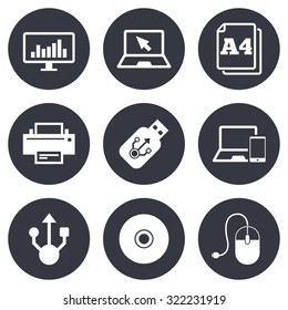 Computer devices icons. Printer, laptop signs. Smartphone, monitor and usb symbols. Gray flat circle buttons. Vector
