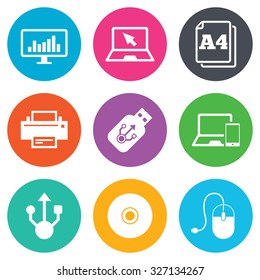 Computer devices icons. Printer, laptop signs. Smartphone, monitor and usb symbols. Flat circle buttons. Vector