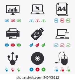 Computer devices icons. Printer, laptop signs. Smartphone, monitor and usb symbols. Flat black, red, blue and green icons.