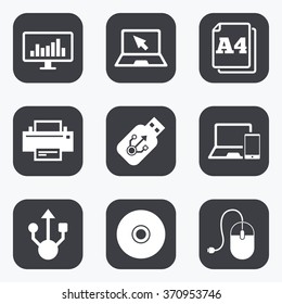 Computer devices icons. Printer, laptop signs. Smartphone, monitor and usb symbols. Flat square buttons with rounded corners.