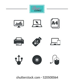 Computer devices icons. Printer, laptop signs. Smartphone, monitor and usb symbols. Black flat icons. Classic design. Vector