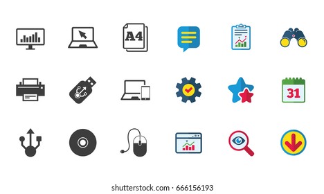 Computer devices icons. Printer, laptop signs. Smartphone, monitor and usb symbols. Calendar, Report and Download signs. Stars, Service and Search icons. Statistics, Binoculars and Chat. Vector