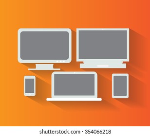 Computer devices icons vector with lap-top, mobile phone, tablet and screen with orange background