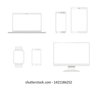 Computer devices mockup. Smartphone laptop tablet monitor display vector modern realistic gadgets. Computer and smartphone display, monitor pc mockup, telephone touchscreen device illustration