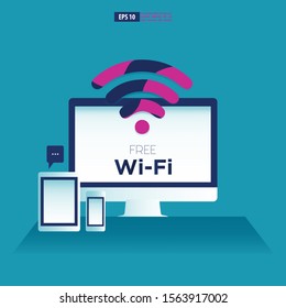 computer devices, tablets and smartphones with free Wifi symbol. Business vector illustration