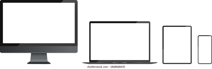 Computer devices with transparent screens - Vector mockup illustration of unbranded dark grey computers, tablet and smartphone.