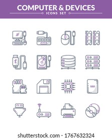 Computer and Devices vector icon set with dual color and shadow, New and trendy linear pictogram pack. modern vector icon concept.