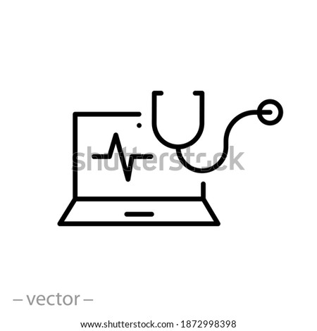 computer diagnostic icon, medical or industry examination, stethoscope with laptop, technology maintenance, pulse on the screen, thin line symbol on white background